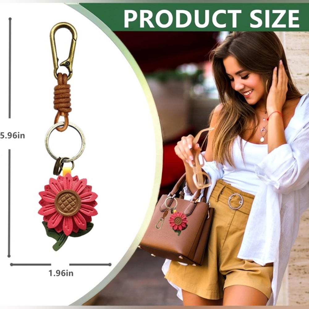 Leather Flower Keychain or Bag Charm with Gold Clip - Picture 2 of 10